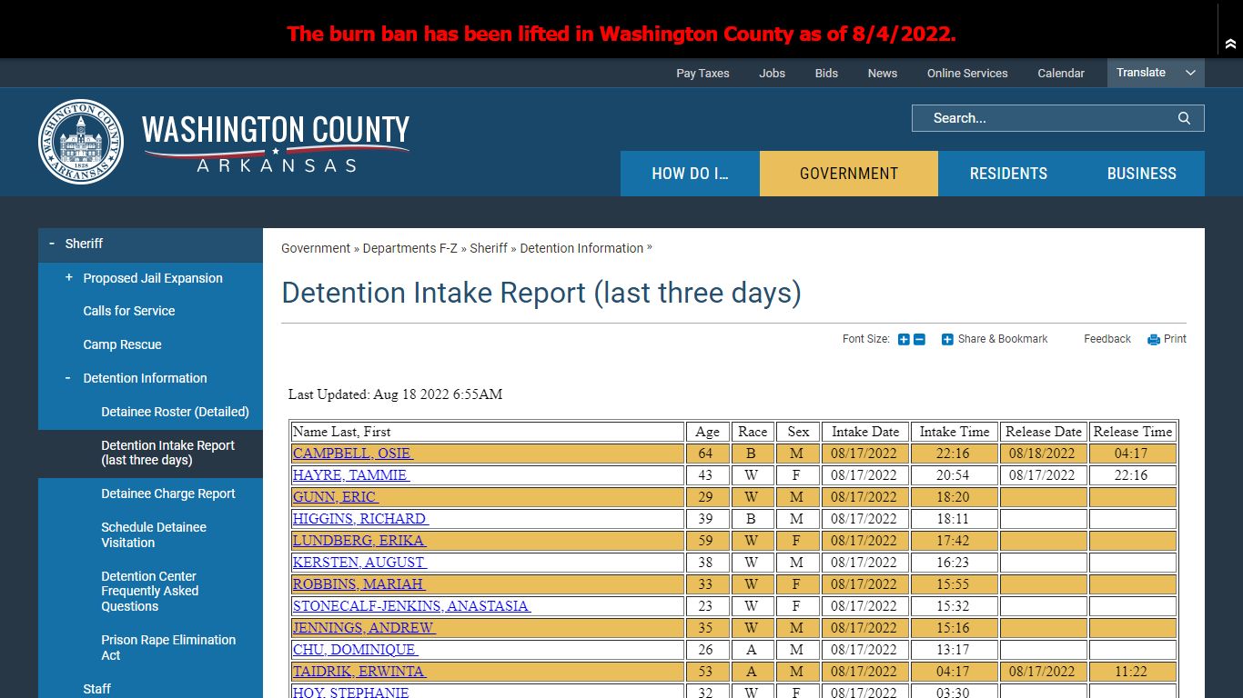 Detention Intake Report (last three days) | Washington County, AR